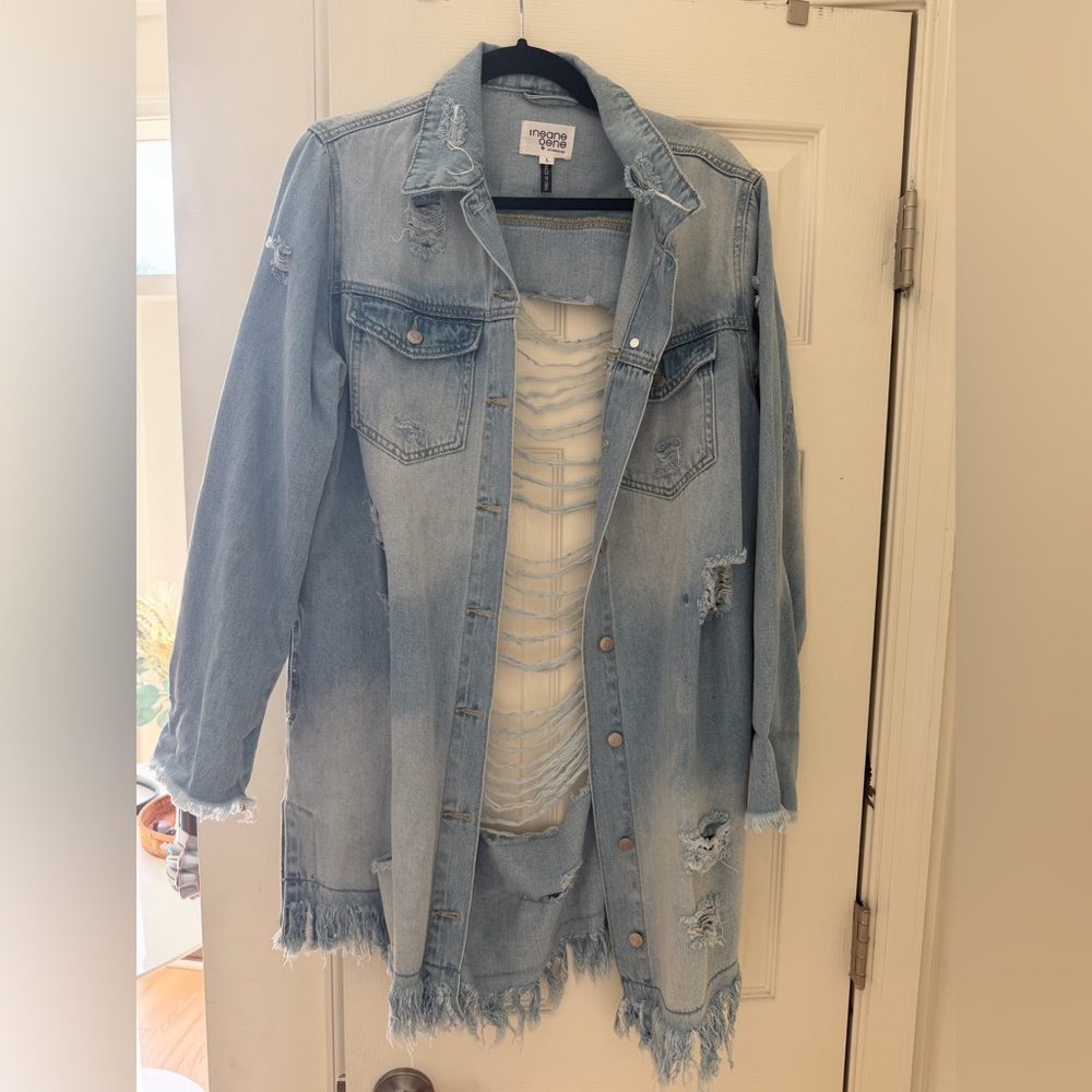 Light Wash Distressed Long Denim Jacket - Women